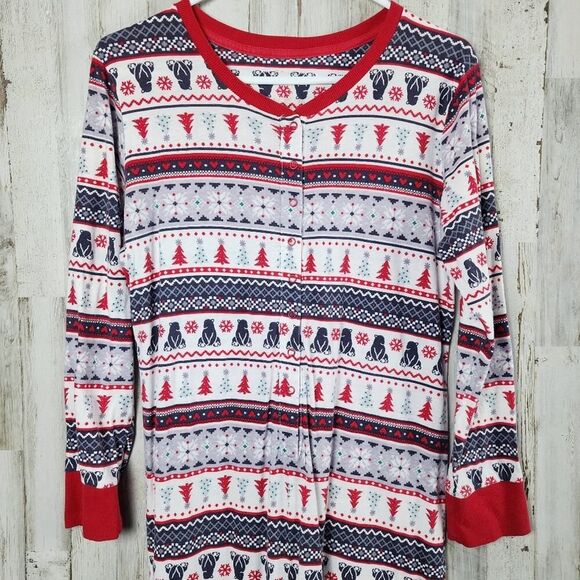 Cuddl Duds Jammie Fair Isle Holiday Union Suit Pajamas White Red Size Small - Picture 2 of 9